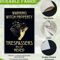 Warning Witch Property Trespassers Will Be Hexed Garden Flag 12.5x18 Inch Double Sided, Funny Witch Farmhouse Yard Flag, Waterproof Outdoor Decor for Porch Lawn Garden Patio