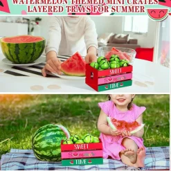 Watermelon Mini Crate Summer Tiered Tray Decor Set with 8 Faux Watermelon Slices, Farmhouse Wooden Crate Tabletop Decoration for Kitchen, Shelf, Coffee Bar & Home Deco