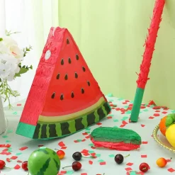 Watermelon Piñata with Blindfold Bat and Confetti Fruit Piñata Summer Decorations for Birthday Party Summer Theme Party Game Supplies, 12.6 x 13 x 3