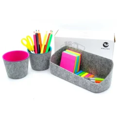Welaxy Felt 3 Piece Gray Tray with Turquoise & Hot Pink Cups Desktop Organizer Set