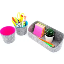 Welaxy Felt 3 Piece Gray Tray with Turquoise & Hot Pink Cups Desktop Organizer Set