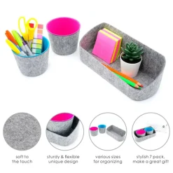 Welaxy Felt 3 Piece Gray Tray with Turquoise & Hot Pink Cups Desktop Organizer Set