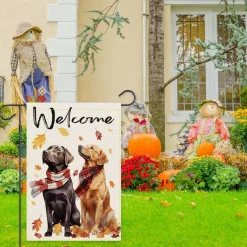 Welcome Fall Dog Garden Flag 12x18 Inch Double Sided Golden Retriever Labrador Burlap Yard Banner, Thanksgiving Outdoor Porch Lawn Seasonal Farmhouse Home Decoration Flag