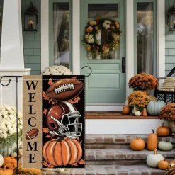 Welcome Fall Garden Flag 12x18 Inch Thanksgiving Pumpkin Football Decor, Double Sided Burlap Autumn Yard Flag with Maple Leaves for Porch Garden Lawn Outdoor Seasonal Decoration