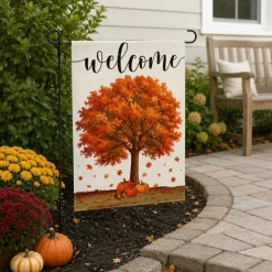 Welcome Fall Garden Flag 12x18 Inch, Double Sided Autumn Maple Tree Yard Flag, Outdoor Seasonal Porch Decor with Orange Leaves for Front Porch, Patio, Lawn, Mailbox & Garden (Flag Only)