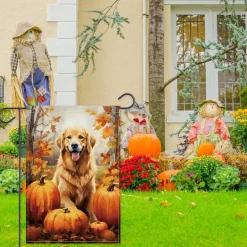 Welcome Fall Garden Flag 12x18 Inch Double Sided Golden Retriever Pumpkin Thanksgiving Outdoor Burlap Yard Banner, Autumn Dog Lover Porch Lawn Seasonal Home Decoration