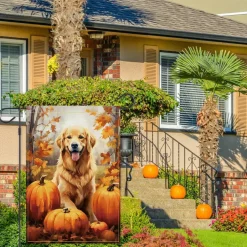 Welcome Fall Garden Flag 12x18 Inch Double Sided Golden Retriever Pumpkin Thanksgiving Outdoor Burlap Yard Banner, Autumn Dog Lover Porch Lawn Seasonal Home Decoration
