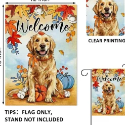 Welcome Fall Golden Retriever Dog Garden Flag 12x18 Inch, Double Sided Autumn Pumpkin Maple Leaves Yard Decor, Weather Resistant Thanksgiving Outdoor Porch Decoration Pet Lover Gift
