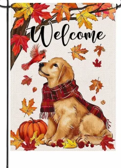 Welcome Fall Golden Retriever Dog Garden Flag 12x18 Inch, Double Sided Autumn Burlap Yard Decor with Pumpkin Cardinal Maple Leaves for Thanksgiving Outdoor Porch Decoration Pet Lover Gift