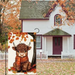 Welcome Fall Highland Cow Garden Flag 12x18 Inch Double Sided Burlap Autumn Maple Leaf Yard Banner, Rustic Farmhouse Outdoor Porch Lawn Seasonal Home Decoration Flag