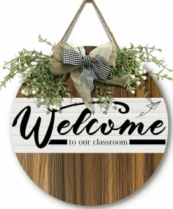 Welcome to Our Classroom Door Sign – Wooden Wreath Hanging Plaque, Back to School Teacher Classroom Decor, Round Welcome Door Hanger for Wall, Porch & School Entrance (12 x 12 Inch)