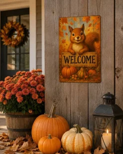 Welcome Vintage Squirrel Tin Sign, 8 x 12 Inch Funny Fall Metal Wall Decor with Pumpkin & Maple Leaves, Rustic Autumn Thanksgiving Sign for Home, Porch, Kitchen, Living Room & Farmhouse
