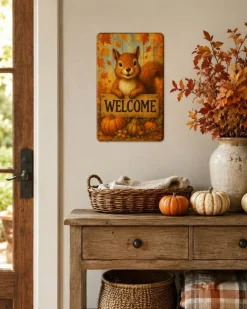 Welcome Vintage Squirrel Tin Sign, 8 x 12 Inch Funny Fall Metal Wall Decor with Pumpkin & Maple Leaves, Rustic Autumn Thanksgiving Sign for Home, Porch, Kitchen, Living Room & Farmhouse