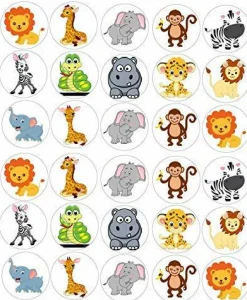 Whimsical Practicality Safari Jungle Animals Edible Icing Image Cupcake and Cookie Decorations (2 Inch Rounds)