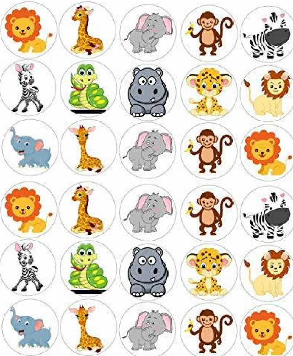 Whimsical Practicality Safari Jungle Animals Edible Icing Image Cupcake and Cookie Decorations (2 Inch Rounds)