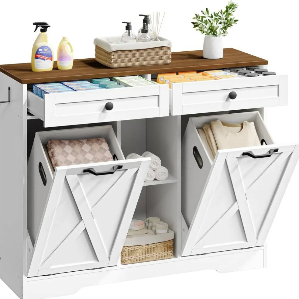 White Bathroom Cabinet with Tilt-Out Laundry Baskets 2-Compartment Storage
