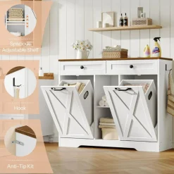 White Bathroom Cabinet with Tilt-Out Laundry Baskets 2-Compartment Storage
