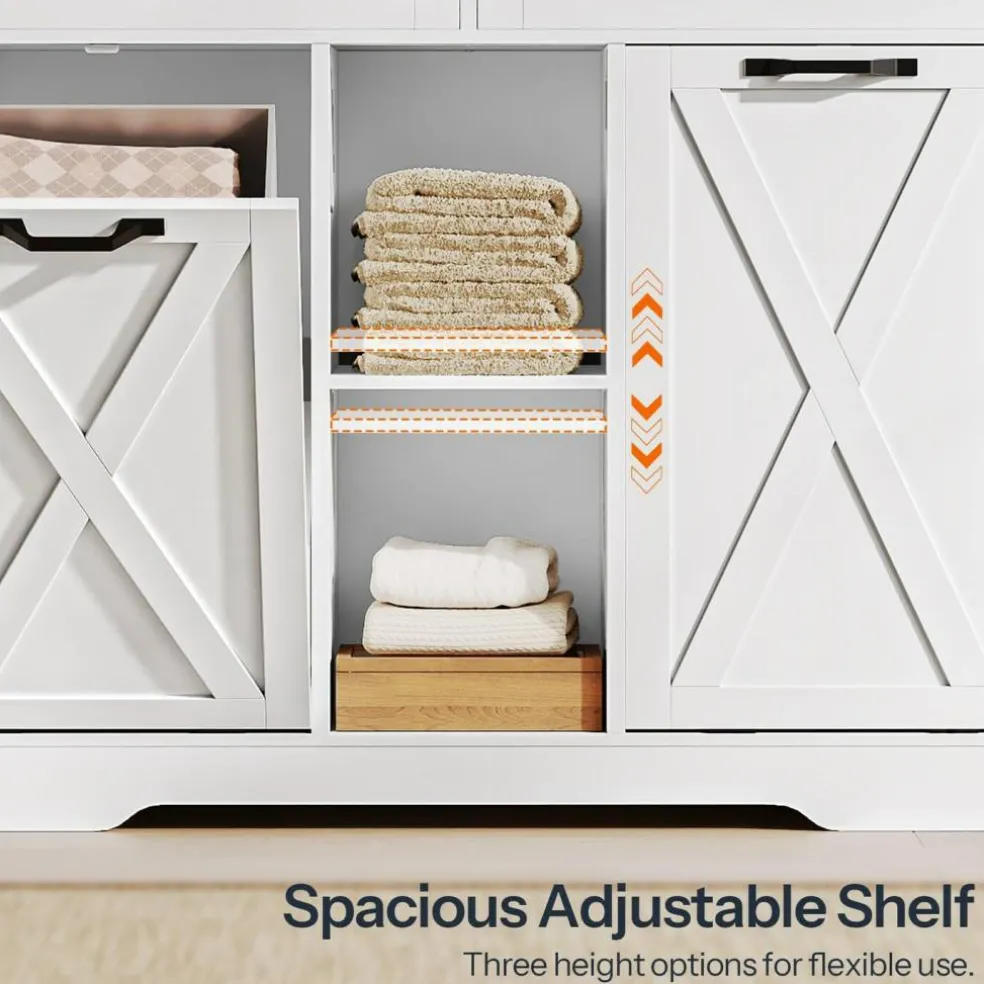 White Bathroom Cabinet with Tilt-Out Laundry Baskets 2-Compartment Storage