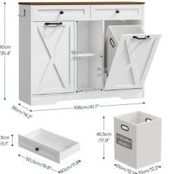 White Bathroom Cabinet with Tilt-Out Laundry Baskets 2-Compartment Storage