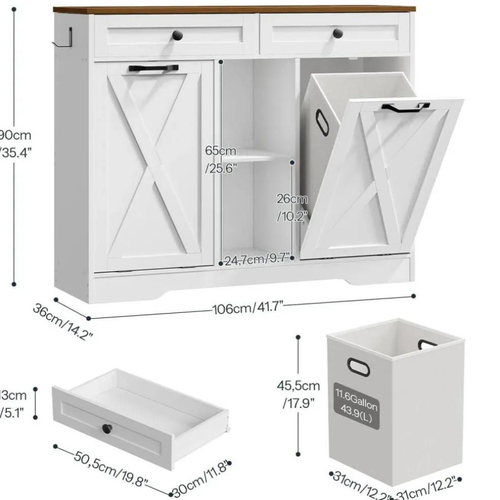 White Bathroom Cabinet with Tilt-Out Laundry Baskets 2-Compartment Storage