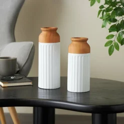White & Brown Grooved Texture Metal & Wood Vase Set