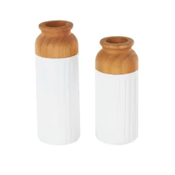 White & Brown Grooved Texture Metal & Wood Vase Set