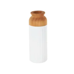White & Brown Grooved Texture Metal & Wood Vase Set
