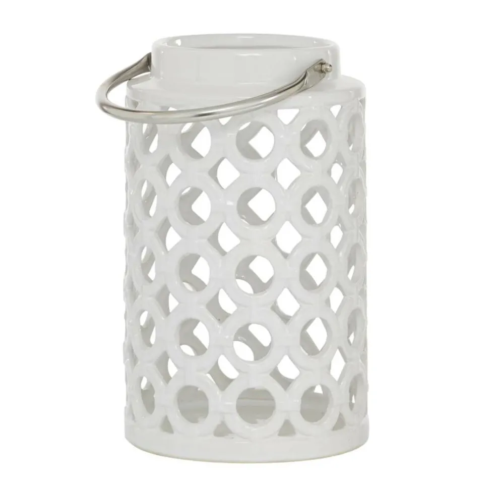 White Ceramic Contemporary Candle Holder Lantern, 11" x 7" x 8"