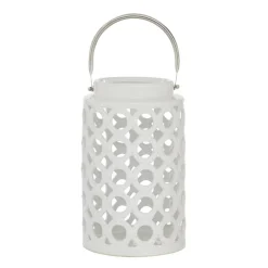 White Ceramic Contemporary Candle Holder Lantern, 11" x 7" x 8"