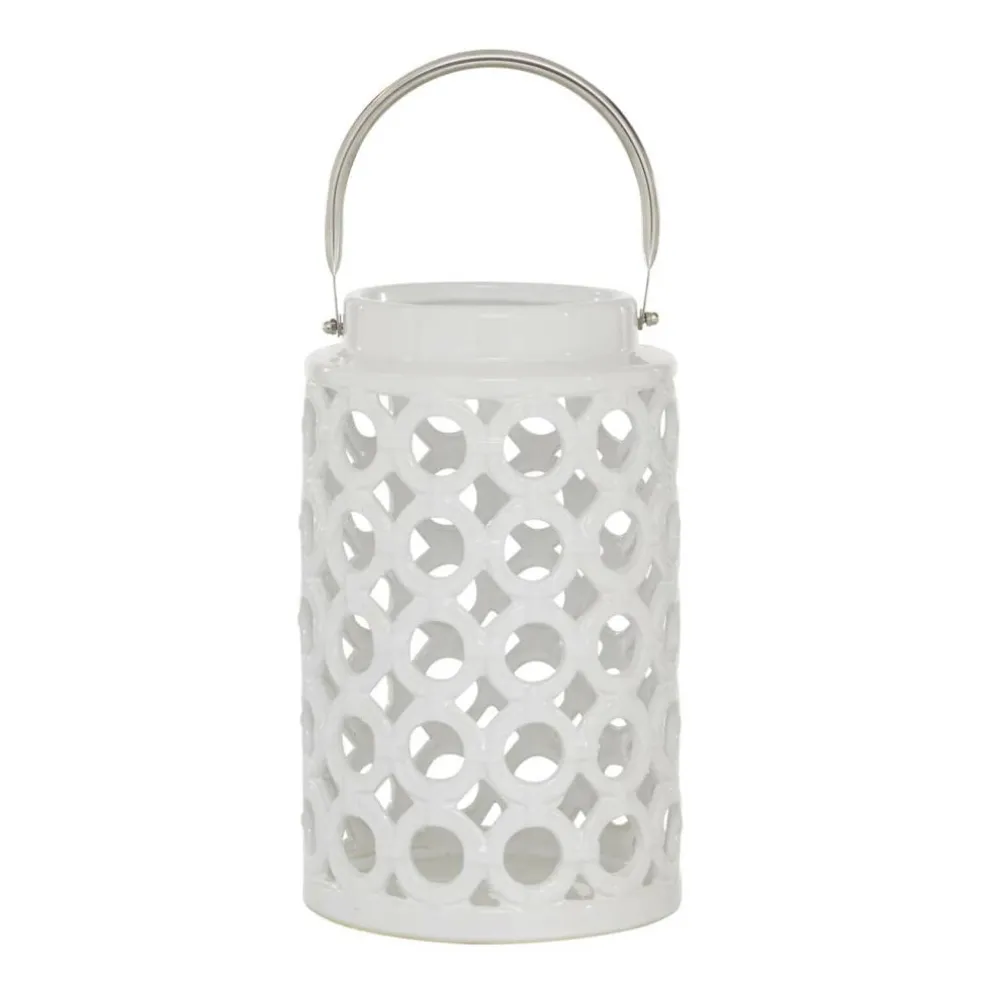 White Ceramic Contemporary Candle Holder Lantern, 11" x 7" x 8"