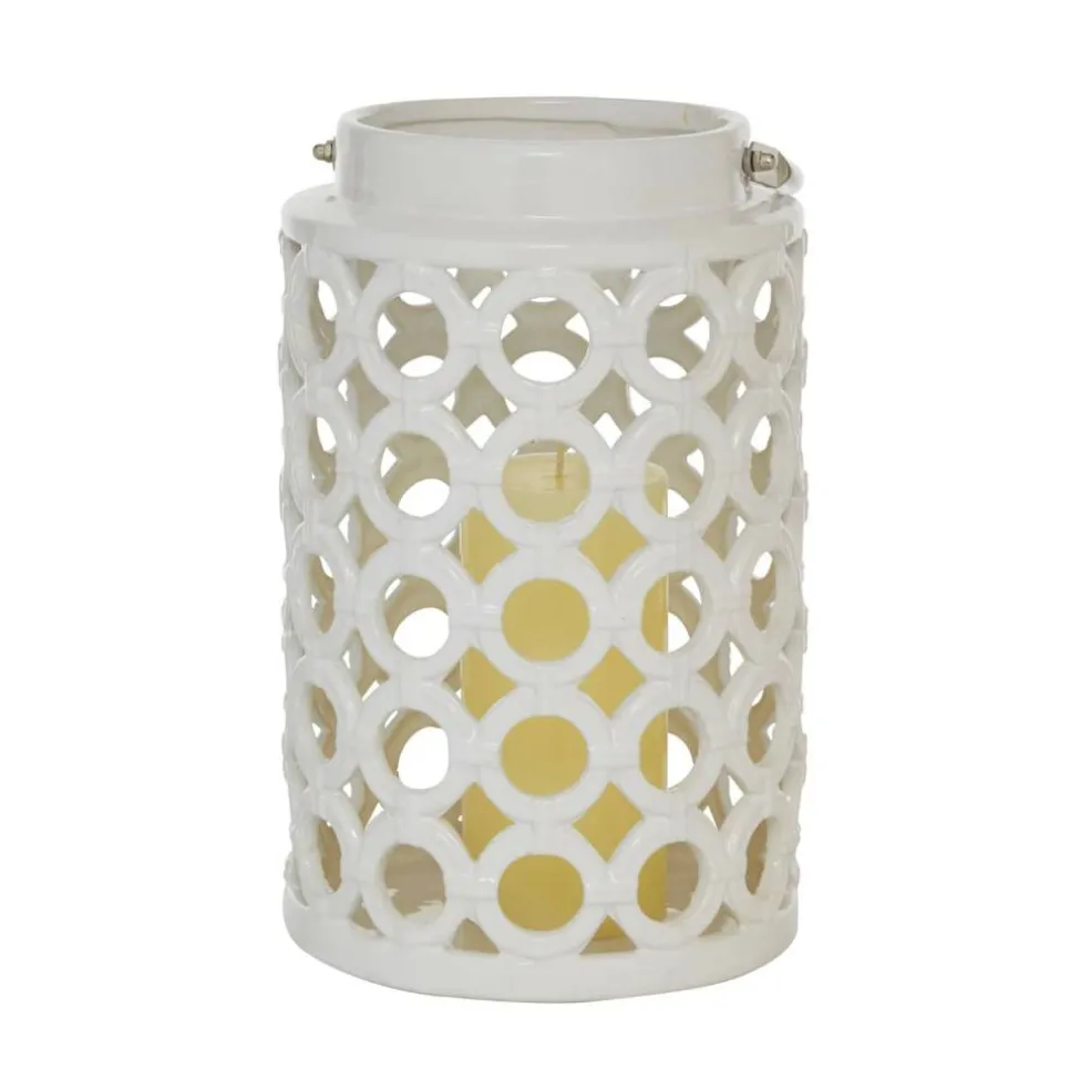 White Ceramic Contemporary Candle Holder Lantern, 11" x 7" x 8"