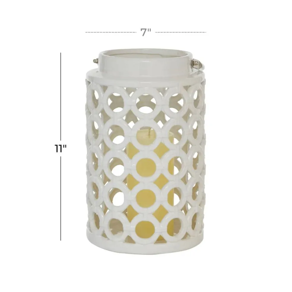 White Ceramic Contemporary Candle Holder Lantern, 11" x 7" x 8"