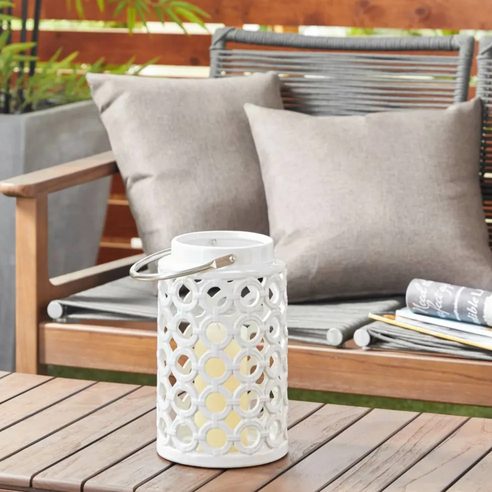 White Ceramic Contemporary Candle Holder Lantern, 11" x 7" x 8"