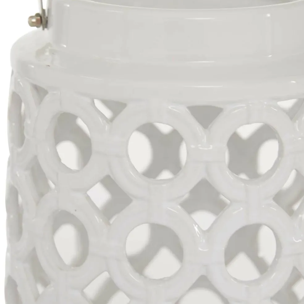 White Ceramic Contemporary Candle Holder Lantern, 11" x 7" x 8"