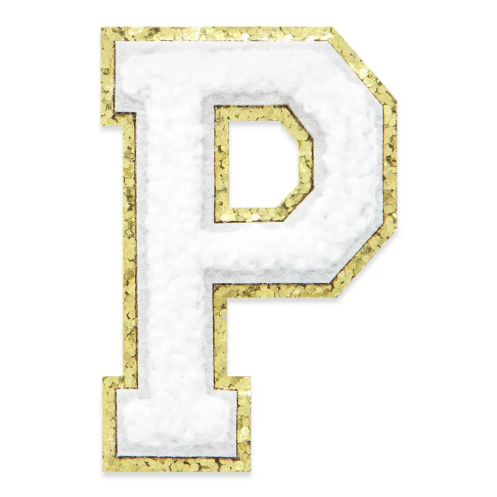 2.25" White Chenille & Gold Glitter Edge Letter Iron-On & Adhesive Patch by Make Market®