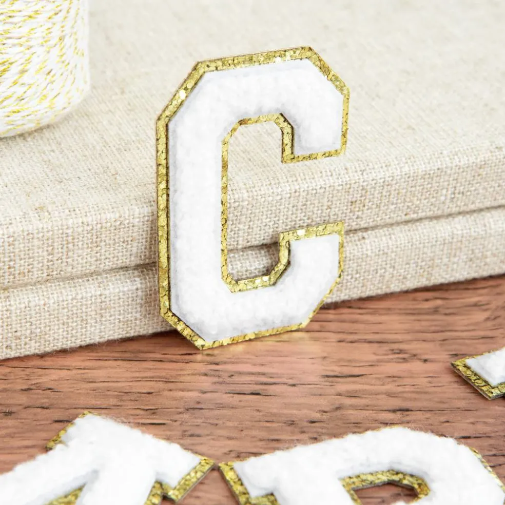 2.25" White Chenille & Gold Glitter Edge Letter Iron-On & Adhesive Patch by Make Market®