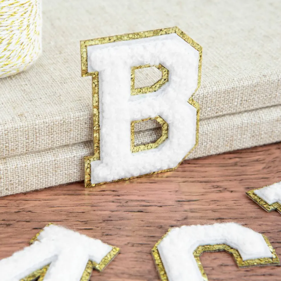 2.25" White Chenille & Gold Glitter Edge Letter Iron-On & Adhesive Patch by Make Market®