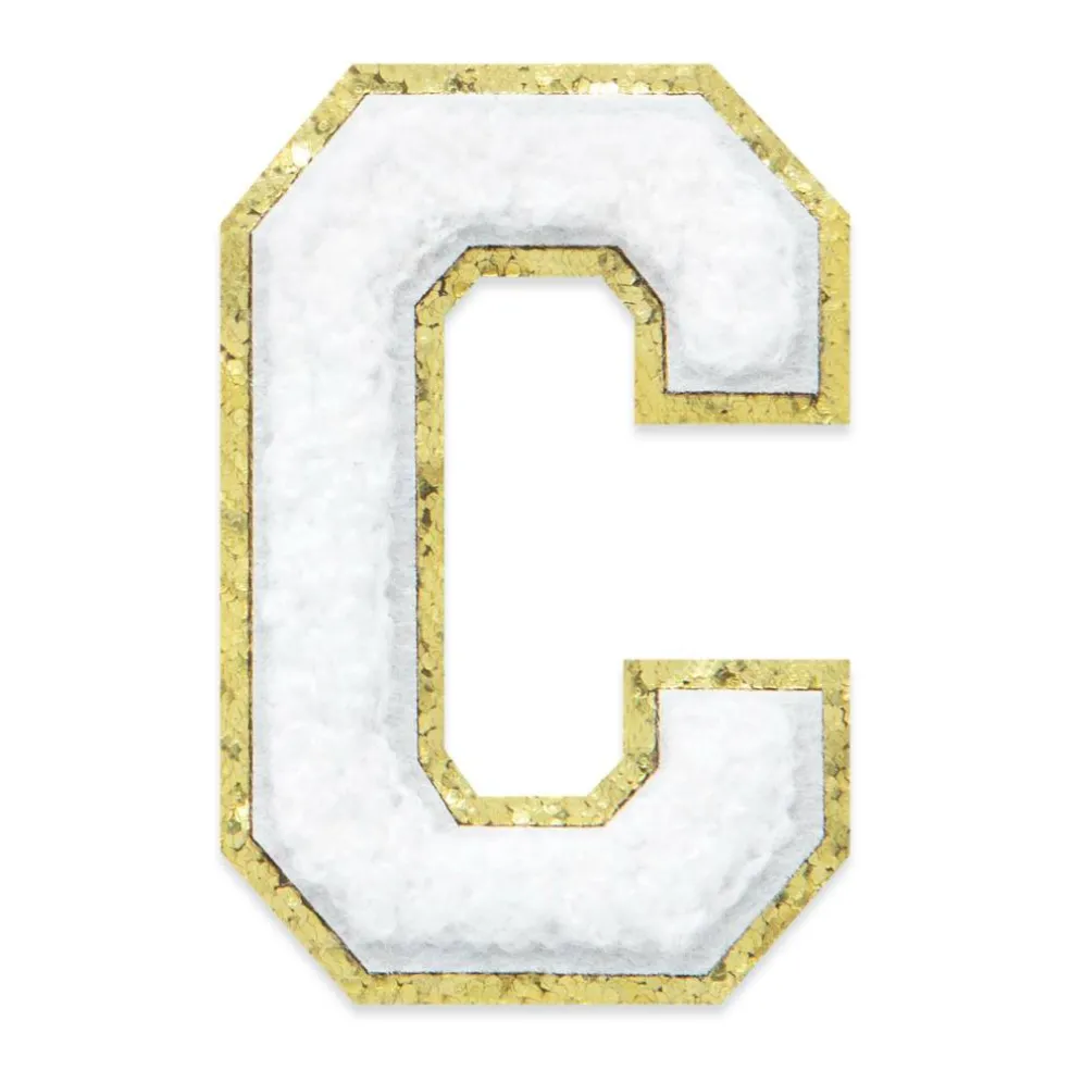 2.25" White Chenille & Gold Glitter Edge Letter Iron-On & Adhesive Patch by Make Market®