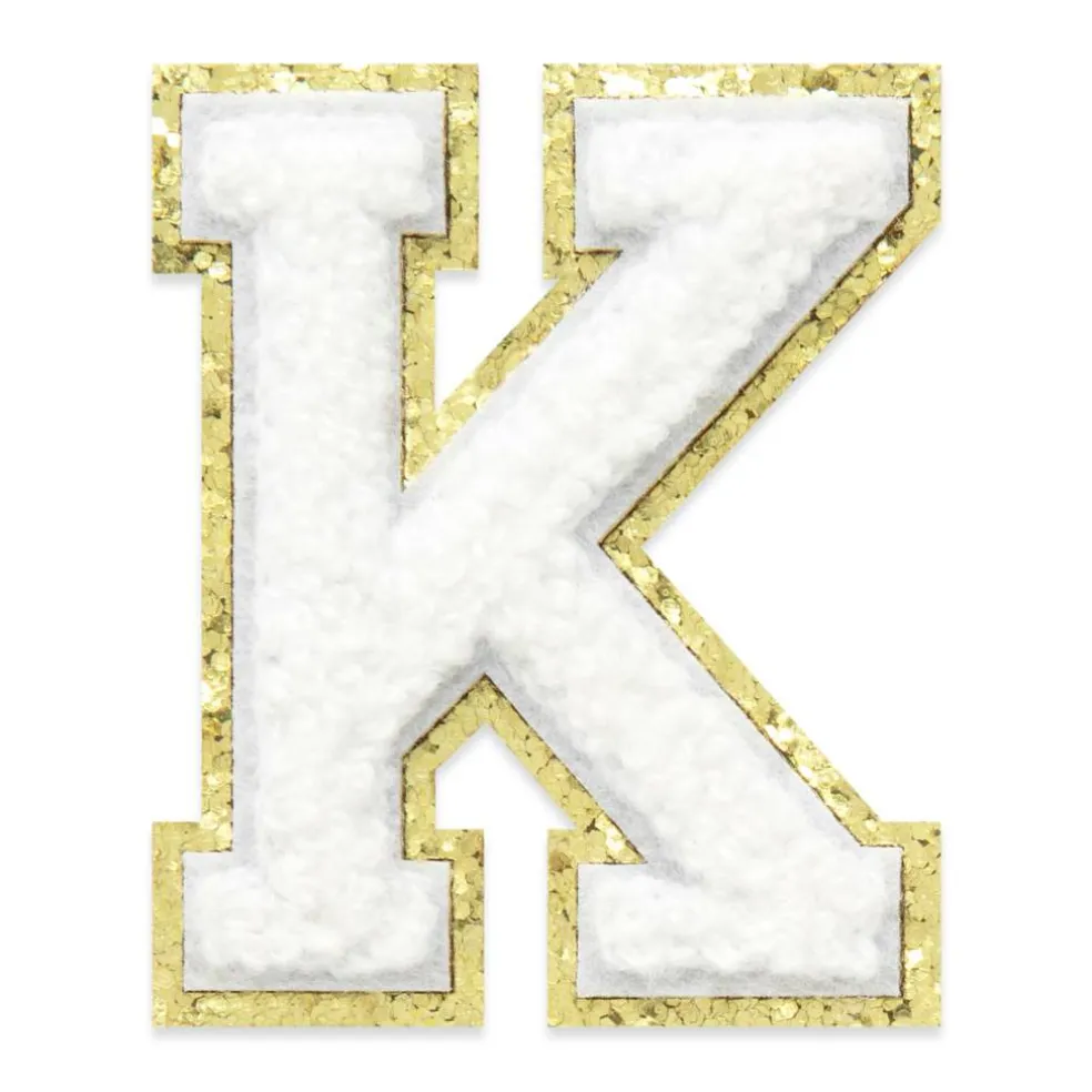 2.25" White Chenille & Gold Glitter Edge Letter Iron-On & Adhesive Patch by Make Market®