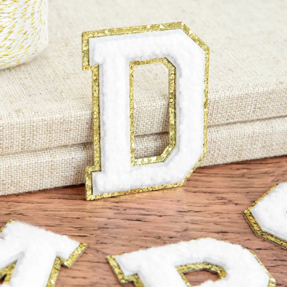 2.25" White Chenille & Gold Glitter Edge Letter Iron-On & Adhesive Patch by Make Market®