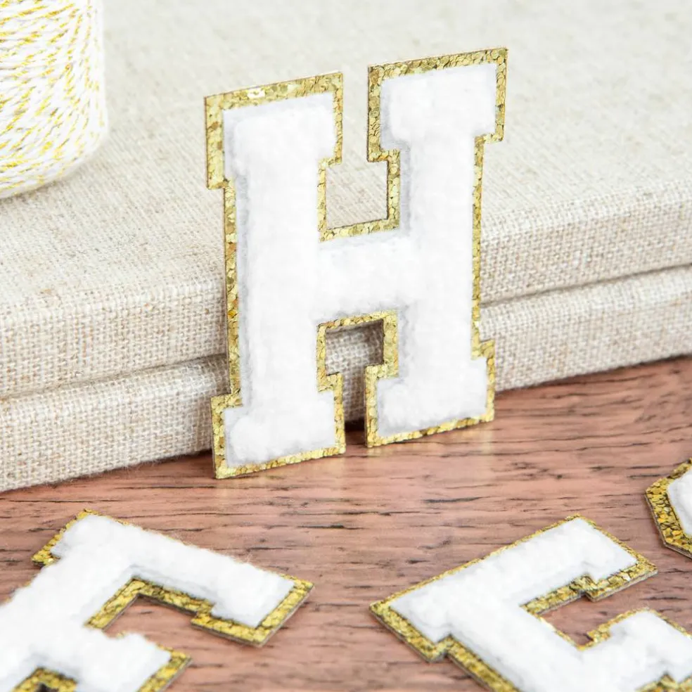 2.25" White Chenille & Gold Glitter Edge Letter Iron-On & Adhesive Patch by Make Market®