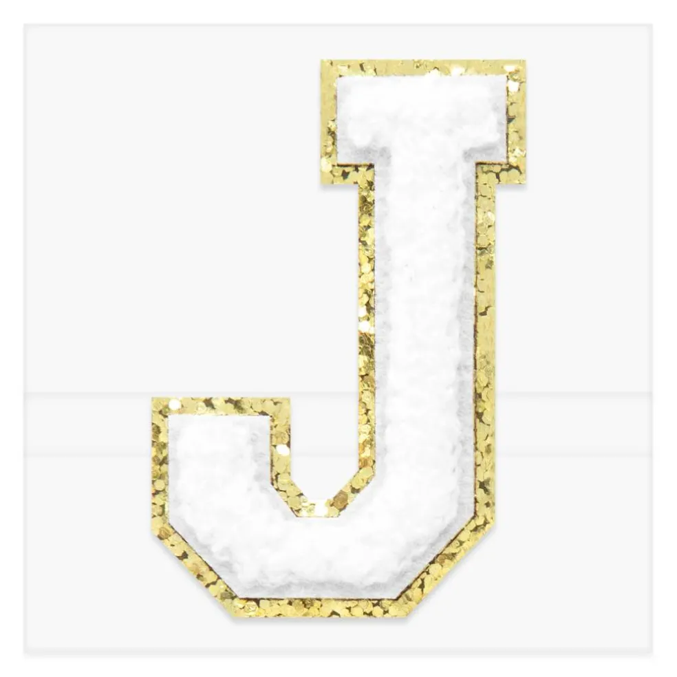 2.25" White Chenille & Gold Glitter Edge Letter Iron-On & Adhesive Patch by Make Market®