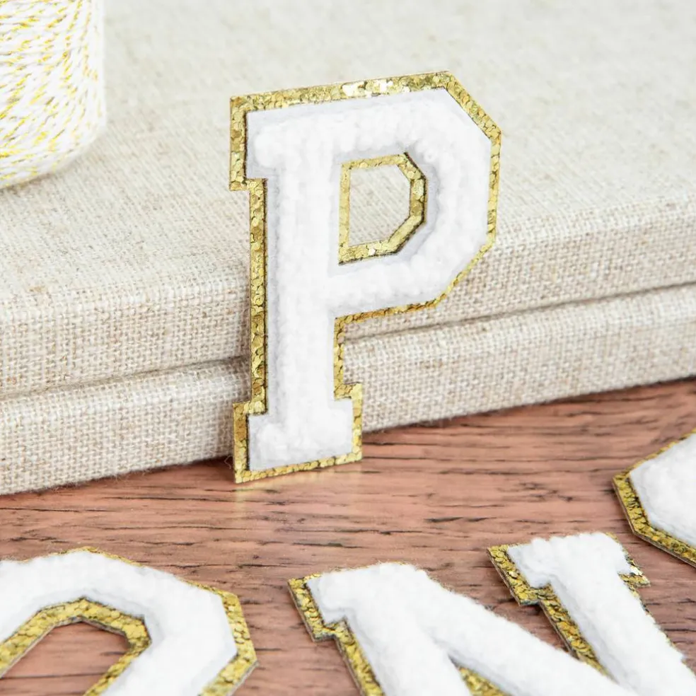 2.25" White Chenille & Gold Glitter Edge Letter Iron-On & Adhesive Patch by Make Market®