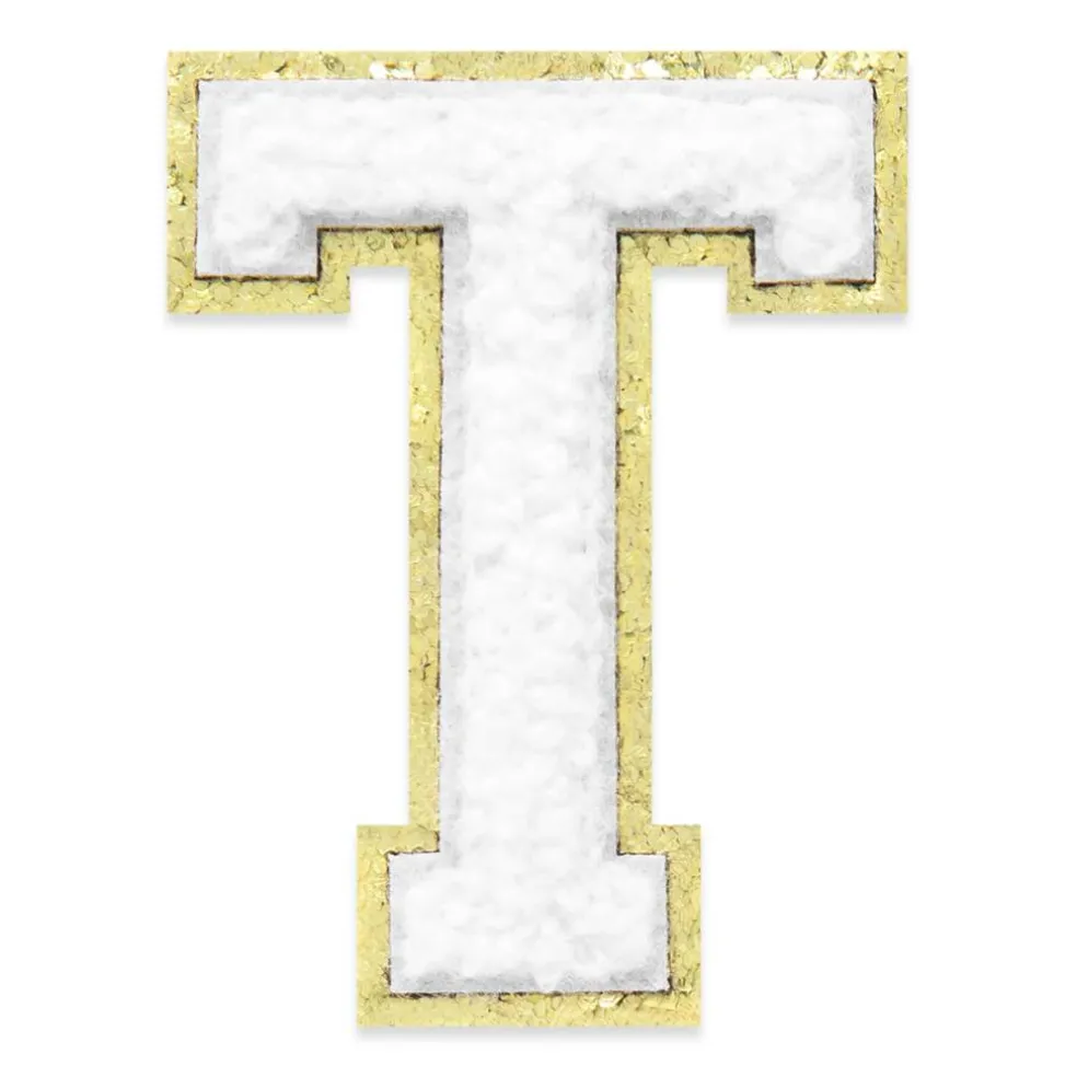 2.25" White Chenille & Gold Glitter Edge Letter Iron-On & Adhesive Patch by Make Market®