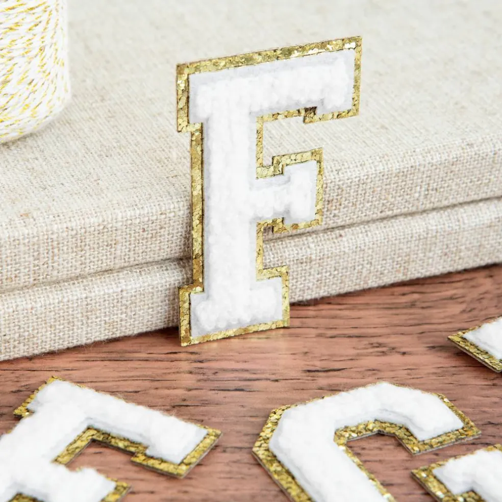 2.25" White Chenille & Gold Glitter Edge Letter Iron-On & Adhesive Patch by Make Market®