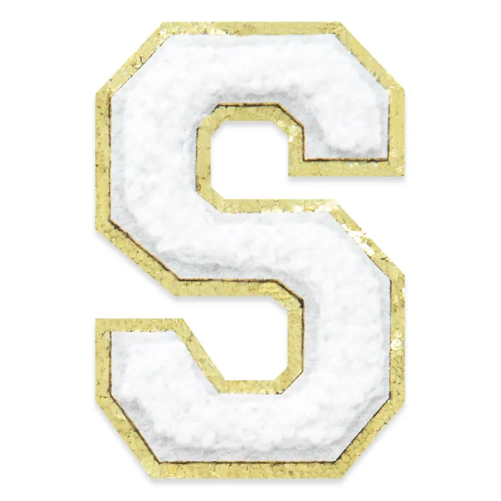 2.25" White Chenille & Gold Glitter Edge Letter Iron-On & Adhesive Patch by Make Market®