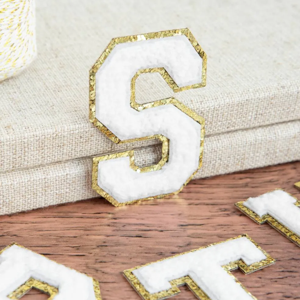 2.25" White Chenille & Gold Glitter Edge Letter Iron-On & Adhesive Patch by Make Market®