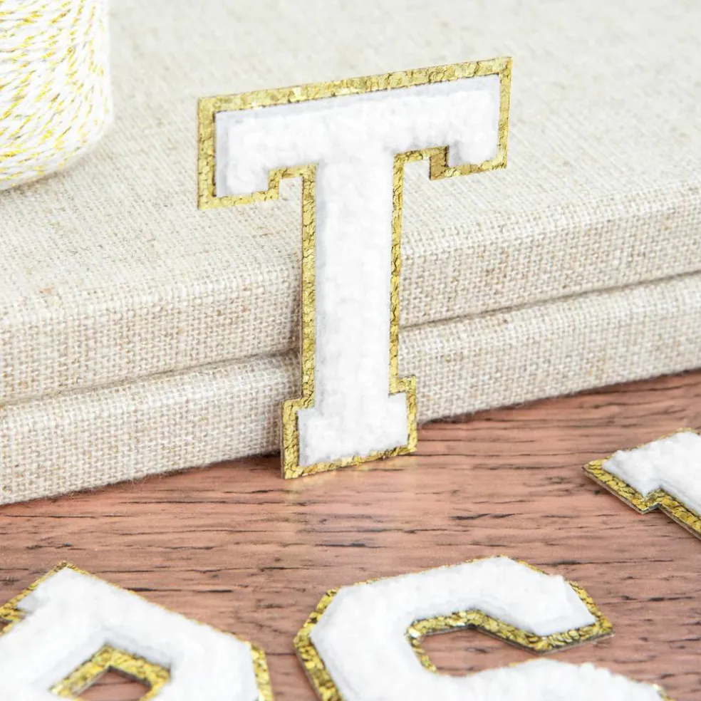 2.25" White Chenille & Gold Glitter Edge Letter Iron-On & Adhesive Patch by Make Market®