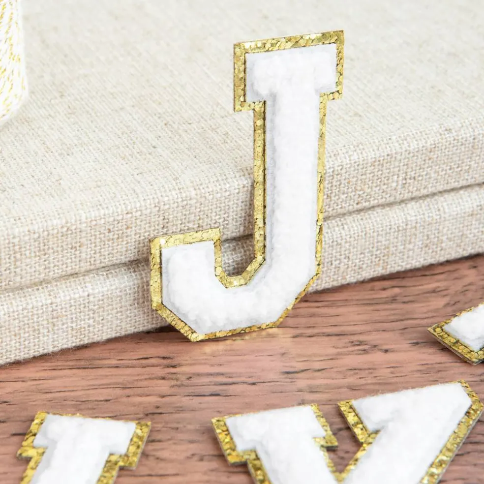 2.25" White Chenille & Gold Glitter Edge Letter Iron-On & Adhesive Patch by Make Market®