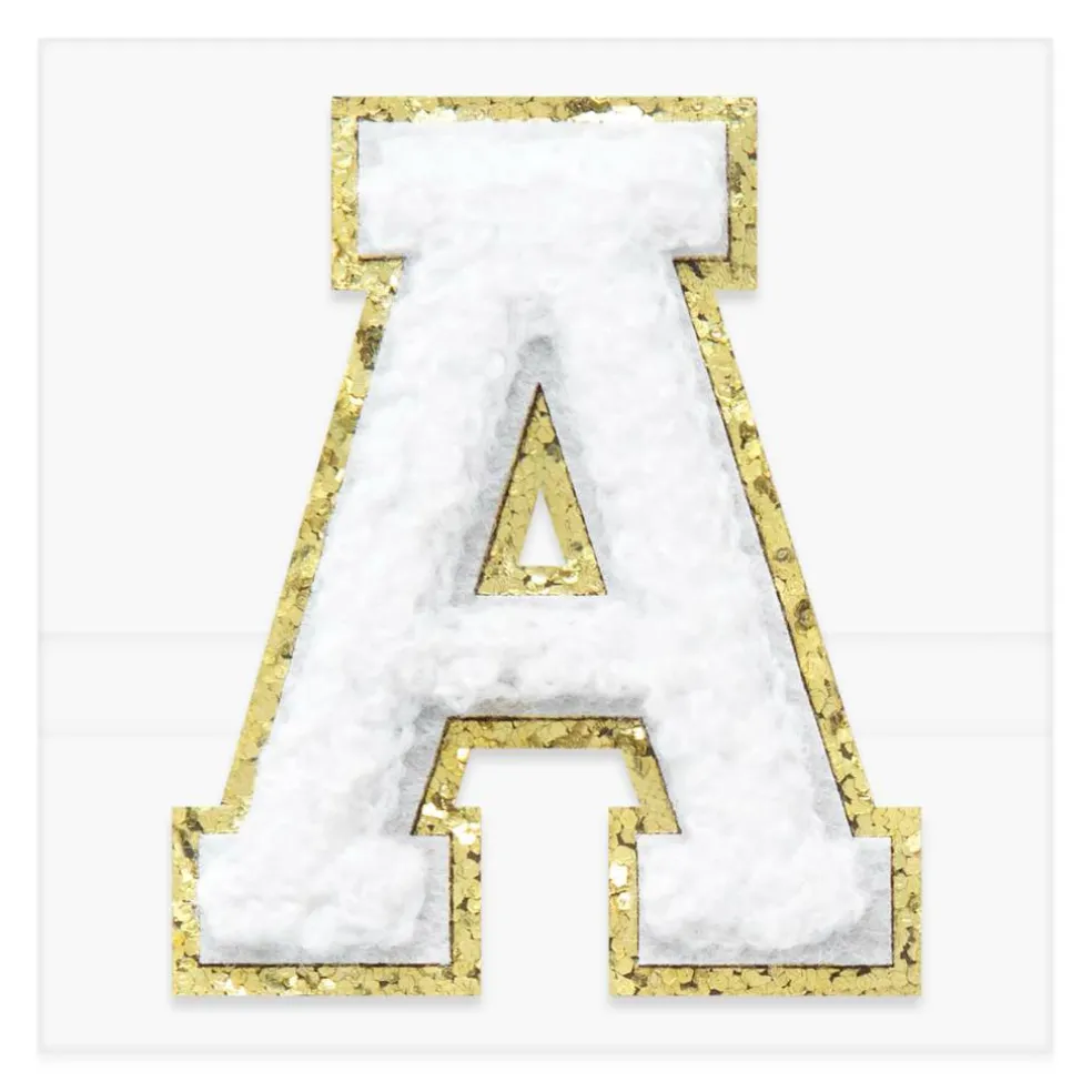 2.25" White Chenille & Gold Glitter Edge Letter Iron-On & Adhesive Patch by Make Market®